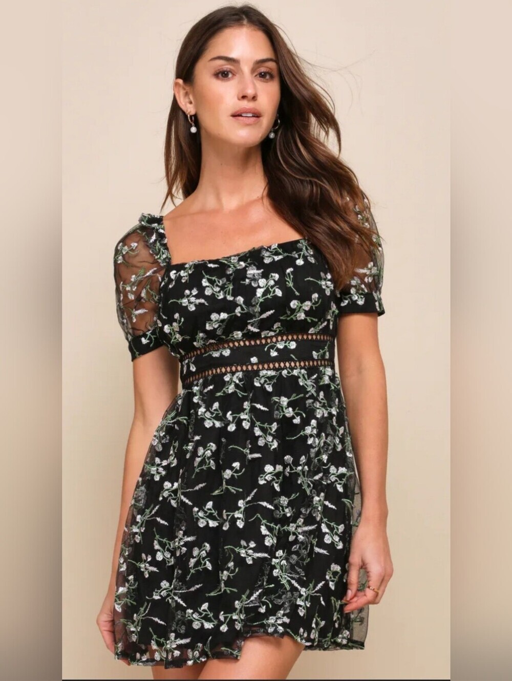 Lulus Floral Square-Neck Mini Dress in Black and White Size Large